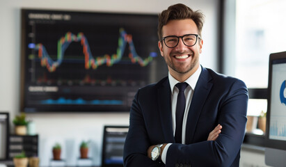 Poster - A smiling financial expert in the style of New York in a white office with growing chart and graph