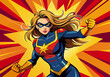 © Anastasia - Pop art comic book style super heroine punching with female superhero costume poster design wall decoration illustration