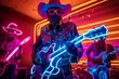 Country singers blending twangs with Neon punk visuals, cowboy hats, and guitars adorned with neon