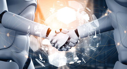 Poster - mlp 3d illustration humanoid robot handshake to collaborate future technology development by ai thin