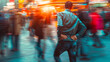 Male suffering from severe backpain busy city street motion blur