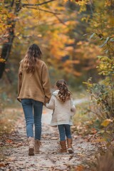 Wall Mural - Mom and daughter enjoying a nature walk hand in hand