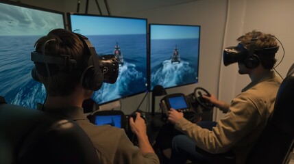 Wall Mural - man taking controls from the office on the submarine with new technology and camera 