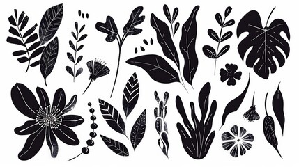 abstract flowers and leaves set . botanical linocut plant and organic elements. Ai generative