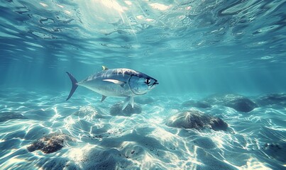 Wall Mural - Blue fin tuna fish swimming in clear ocean water.