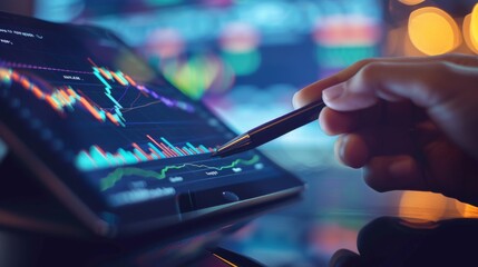 Aufkleber - A hand holding a pen pointing at a stock performance chart on a tablet, discussing investment opportunities with colleagues.