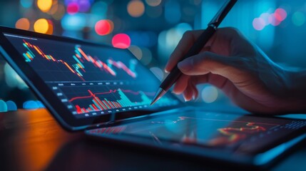 Aufkleber - A hand holding a pen pointing at a stock performance chart on a tablet, discussing investment opportunities with colleagues.