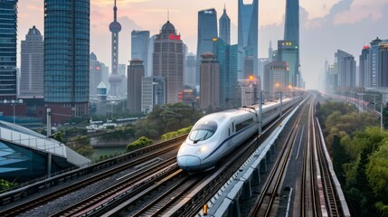 Aufkleber - A high-speed train passing through urban skyscrapers, highlighting its role in connecting bustling city centers.