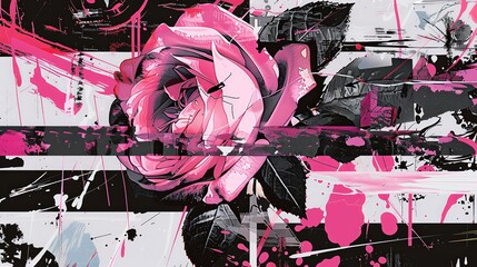 Wall Mural - Ink Flower pink and white roses Black and white flowers Abstract Rose background. Ai generative