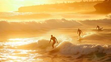 Idyllic Beachside Surf Break Under The Golden Rays Of The Setting Sun, Surfers Riding The Crest Of Waves With Skill And Finesse