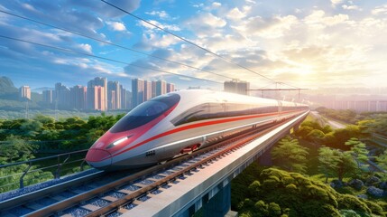 Fototapete - A high-speed train zooming past scenic countryside landscapes, demonstrating the seamless connection between urban centers.