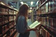 © Sathiya - 1985, woman full body standing in a library and looking through a book, wide angle, asymmetrical image composition, documentary photography