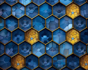 Create a seamless honeycomb pattern with a blue background and gold highlights. The hexagons should be slightly glossy and have a subtle beveled edge.