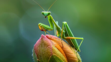 Aufkleber - A mantis nymph perched on a delicate flower bud, blending in perfectly with its surroundings as it patiently awaits passing prey.
