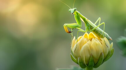 Aufkleber - A mantis nymph perched on a delicate flower bud, blending in perfectly with its surroundings as it patiently awaits passing prey.