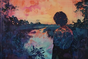 Wall Mural - A woman is standing in front of a body of water