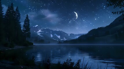 a beautiful night view with stars and moon