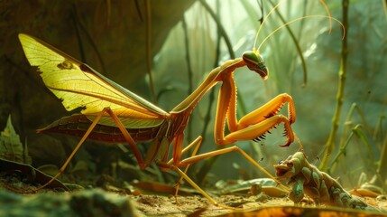 Aufkleber - A mantis using its powerful forelegs to capture and hold onto its prey, showcasing the precision and speed of its hunting technique.