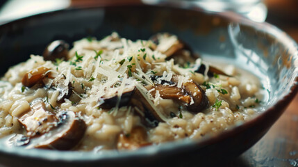 Wall Mural - A delightful bowl of creamy risotto with mushrooms and Parmesan cheese