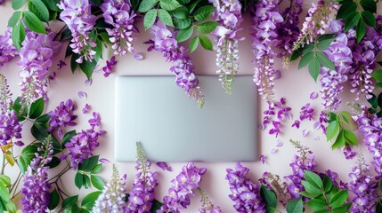 Poster - An wisteria flowers overlapping the frame of a laptop, taken from above with the flowers draping over the edges of the screen, positioned centrally. Generative AI.
