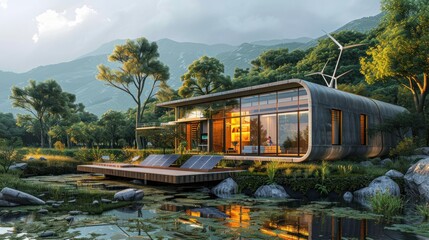Wall Mural - beautiful house in the middle of the forest, built for using state-of-the-art renewable energy inclu