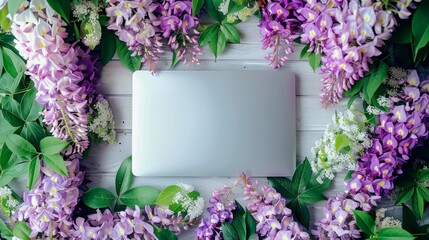 Poster - An wisteria flowers overlapping the frame of a laptop, taken from above with the flowers draping over the edges of the screen, positioned centrally. Generative AI.