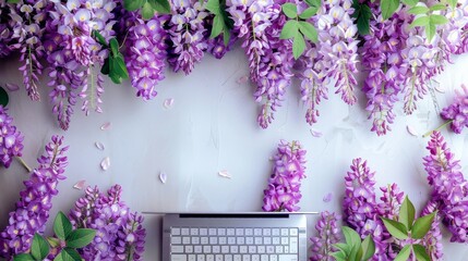 Poster - An wisteria flowers overlapping the frame of a laptop, taken from above with the flowers draping over the edges of the screen, positioned centrally. Generative AI.