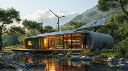 Wall Mural - beautiful house in the middle of the forest, built for using state-of-the-art renewable energy inclu