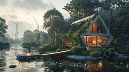 Wall Mural - beautiful house in the middle of the forest, built for using state-of-the-art renewable energy inclu