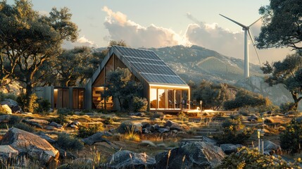 Wall Mural - beautiful house in the middle of the forest, built for using state-of-the-art renewable energy inclu