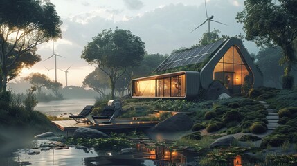 Wall Mural - beautiful house in the middle of the forest, built for using state-of-the-art renewable energy inclu