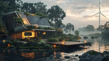 Wall Mural - beautiful house in the middle of the forest, built for using state-of-the-art renewable energy inclu