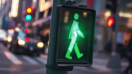 Poster - A pedestrian crossing signal displaying a green walking figure, allowing pedestrians to safely cross the street.
