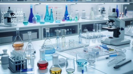 Poster - A sterile laboratory environment featuring various scientific equipment such as test tube, microscope, beaker, and petri dishes arranged neatly on a clean, with graphs and data charts. Generative AI.
