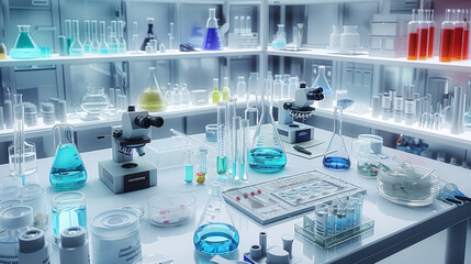 Poster - A sterile laboratory environment featuring various scientific equipment such as test tube, microscope, beaker, and petri dishes arranged neatly on a clean, with graphs and data charts. Generative AI.