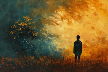 Wall Mural - A man stands in a field of yellow grass