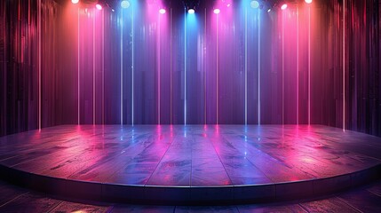 Poster - Abstract background green blue white pink violet colors neon lights glowing vertical lines on shiny reflective staging. Generative AI.