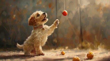 Poster - A playful puppy eagerly reaching for a dangling candy treat, its tail wagging with excitement at the prospect of a tasty reward.
