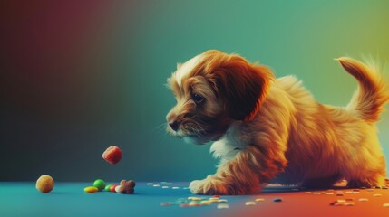 Poster - A playful puppy eagerly reaching for a dangling candy treat, its tail wagging with excitement at the prospect of a tasty reward.