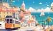 Cute and colorful illustration of the streets in Lisbon, Portugal with a vintage tramway car. The buildings have white lines on their facades.