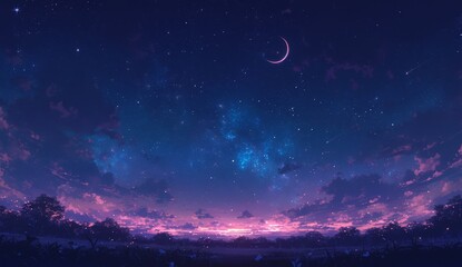 Wall Mural - Dark fantasy sky with a crescent moon, pink and purple clouds, a night forest, a fantasy landscape