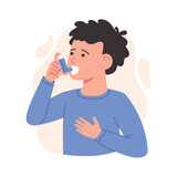 Fototapeta Dinusie - Boy child using asthma inhaler against allergic attack. Breathing treatment. Little Boy uses an asthma inhaler against attack. World asthma day. Allergy,Bronchial asthma kids.Vector illustration