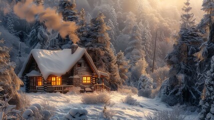 Poster - A cozy cabin in the woods with a chimney and a fireplace. The snow is falling outside, creating a peaceful and serene atmosphere