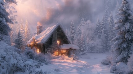 Poster - A cozy cabin in the woods with a fireplace and a porch. The snow is falling outside, creating a peaceful and serene atmosphere