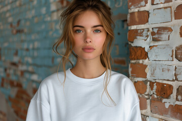 Wall Mural - Young woman in white sweatshirt stands confidently next to brick wall with neutral face expression