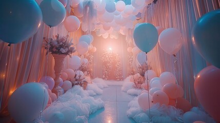 Poster - A room filled with pink and white balloons. The balloons are scattered throughout the room, creating a festive atmosphere. The room is decorated with flowers and vases, adding to the celebratory mood