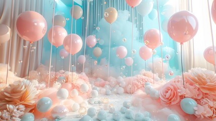 Poster - A room filled with pink and white balloons and flowers. The balloons are scattered throughout the room, with some floating near the ceiling and others closer to the ground
