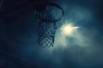 Wall Mural - Basketball with light coming through the hoops, in the style of punk rock aesthetic, dark and intricate, nocturne, Generative Ai 