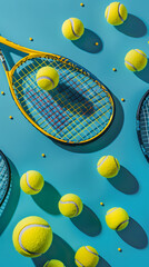 Wall Mural - Holliday sport composition with yellow tennis balls and racket on a blue background of hard tennis court. Sport and healthy lifestyle. The concept of outdoor game sports. Flat lay
