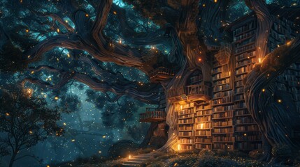 Aufkleber - A tree with a house on top of it and a lot of books